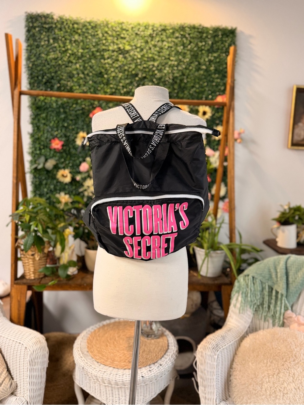 Victoria's Secret Black Backpack with Hot Pink Logo